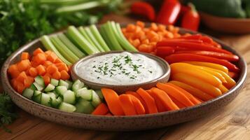 Fresh vegetable platter with dips on a rustic wooden table for a healthy snack at a gathering photo
