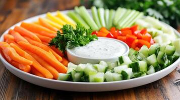 Freshly prepared vegetable platter with ranch dip arranged on a wooden table photo