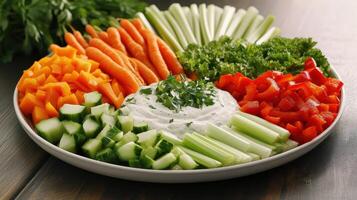 Fresh vegetable platter with assorted colors and a creamy dip on a wooden table photo