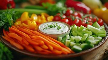Colorful vegetable platter with dip on a wooden table in a natural setting photo