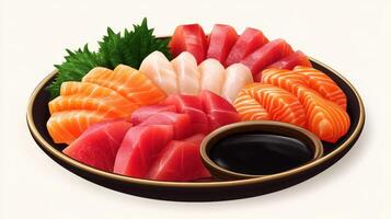 Fresh sushi platter featuring assorted sashimi and garnishes served with soy sauce on a black plate photo