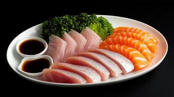 Fresh sashimi platter with salmon, tuna, and greens served with soy sauce photo