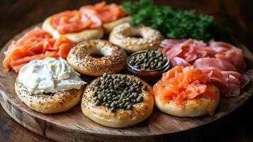 Bagels topped with smoked salmon, cream cheese, and garnishes served on a wooden platter photo