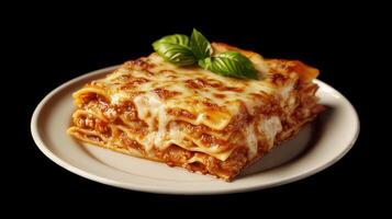 Delicious lasagna served on a plate with fresh basil garnish photo