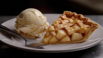 Delicious slice of apple pie with vanilla ice cream served on a white plate at a cozy dessert cafe photo