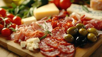 A vibrant charcuterie board featuring assorted meats, cheeses, olives, and fresh tomatoes in a culinary display photo