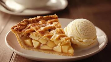 Delicious apple pie slice topped with creamy vanilla ice cream served on a rustic wooden table photo