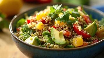 Fresh quinoa salad with colorful vegetables and herbs in a blue bowl on a wooden table photo