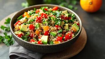 Quinoa salad with vegetables and herbs served in a dark bowl on a rustic wooden table with fruits in the background photo