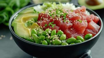 Fresh poke bowl with tuna, avocado, and edamame served on a dark table surrounded by fresh ingredients photo