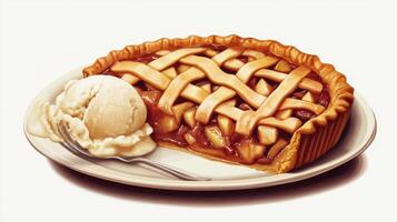 Warm apple pie with a scoop of vanilla ice cream served on a plate, highlighting the dessert's golden crust and delicious filling photo