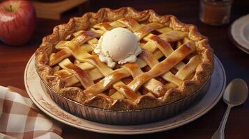Freshly baked apple pie with a scoop of vanilla ice cream on a wooden table, surrounded by apples and a checkered cloth in the evening light photo