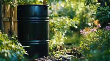 Black rain barrel situated in a lush garden surrounded by greenery and blooming flowers during daylight photo