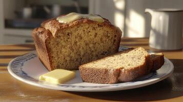 Freshly baked banana bread with melting butter on a kitchen table in bright morning light photo