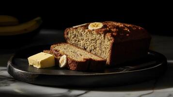 Freshly baked banana bread with butter on a dark plate, accompanied by sliced bananas, captured in the evening light photo
