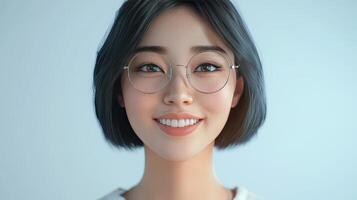 Young woman with short hair and glasses smiling against a light background in a casual setting photo