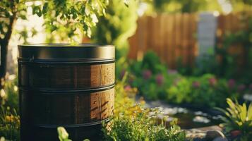A rain barrel is nestled among vibrant plants in a sunny backyard garden, surrounded by blooming flowers and lush greenery on a warm afternoon photo
