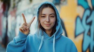 Young woman wearing a blue hoodie makes a peace sign in front of vibrant street art on a sunny day photo
