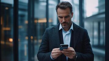 Business professional stands outside a modern building checking his smartphone on a cloudy afternoon photo