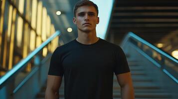 Young man standing confidently at a modern outdoor staircase in the evening with soft lighting highlighting his features photo