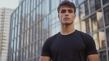 Young man standing confidently in front of modern glass buildings during a sunny day photo