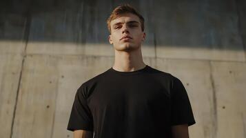Young man in a black shirt stands confidently against a concrete wall during golden hour photo