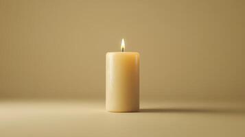 A lit cream-colored candle on a neutral background, creating a warm and soothing atmosphere in soft lighting photo