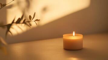 A lit candle on a wooden table surrounded by soft sunlight and gentle shadows in a serene indoor space photo