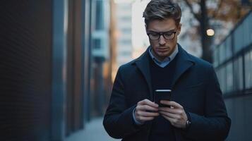 A young man in glasses checks his smartphone while walking in a city alley during late afternoon photo