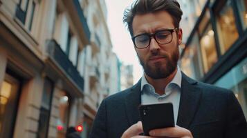 Young man in glasses checks phone while walking through a city street in the afternoon photo