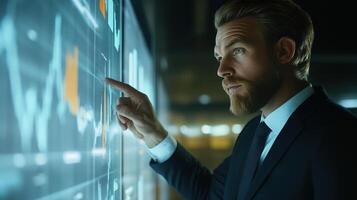 Business professional analyzing data trends on a digital screen in a modern office environment during evening hours photo