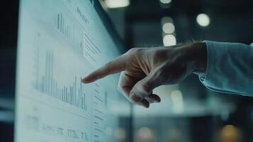 A business professional analyzes data trends on a digital screen in a modern office setting during the day photo