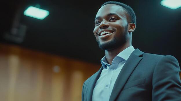 Smiling young man in a suit delivers a speech at a conference in a modern auditorium photo