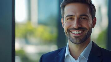 A smiling man in a suit standing by a window with a cityscape background during the day photo