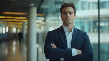 Confident businessman stands in a modern office corridor during daytime with arms crossed photo