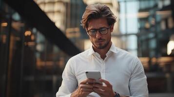 Young man in a white shirt using smartphone in an urban setting during the day photo