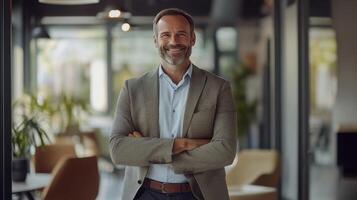 Professional man in a modern office setting smiling with arms crossed during daylight hours photo