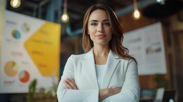 Confident businesswoman standing with arms crossed in a modern office during a meeting with charts and graphs in the background photo