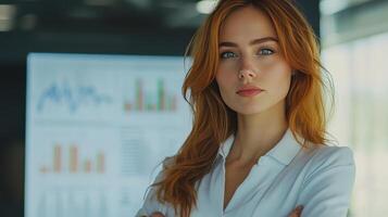 Business professional stands confidently with arms crossed in front of a presentation board featuring graphs and charts during a corporate meeting photo