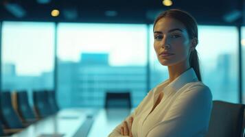 Confident woman in a modern boardroom at dusk, preparing for a business meeting in a corporate setting photo