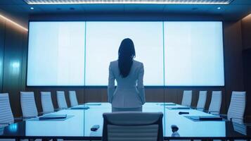 Businesswoman standing in a modern conference room facing a large screen during a meeting in the evening photo