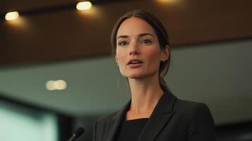 Professional woman delivering a speech at a conference in a modern auditorium during a daytime event photo