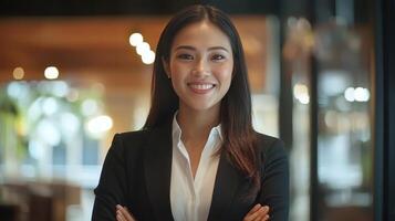 Confident businesswoman posing in a modern office with natural lighting during the afternoon photo