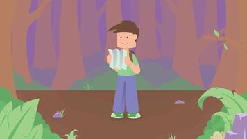 illustration of a traveler looking at a map in the middle of a forest vector