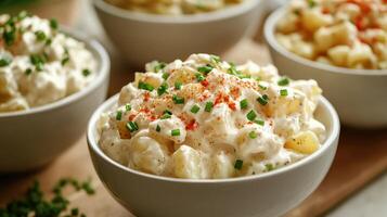 Creamy potato salad served in white bowls with fresh chives and paprika on a wooden serving board photo