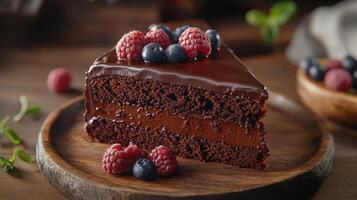 Chocolate cake slice topped with fresh berries served on a wooden plate in a cozy kitchen setting photo