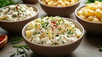 Creamy potato salad served in a bowl accompanied by boiled potatoes and garnished with chives and paprika photo