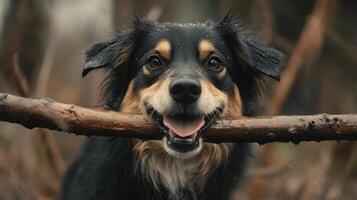 Happy dog holding a stick in its mouth while playing outdoors in a forest on a rainy day photo