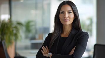 Confident businesswoman standing in modern office during daytime meeting photo