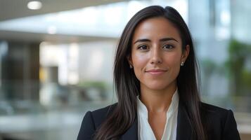 Professional woman in business attire smiling in a modern office setting with natural light during the day photo